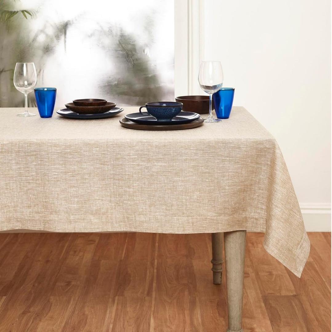Solino Home Linen Tablecloth 60 x 108 Inch - 100% Pure Linen Champagne Beige Table Cloth for Rectangular Tables - Athena, Machine Washable Cloth Tablecloth for Summer