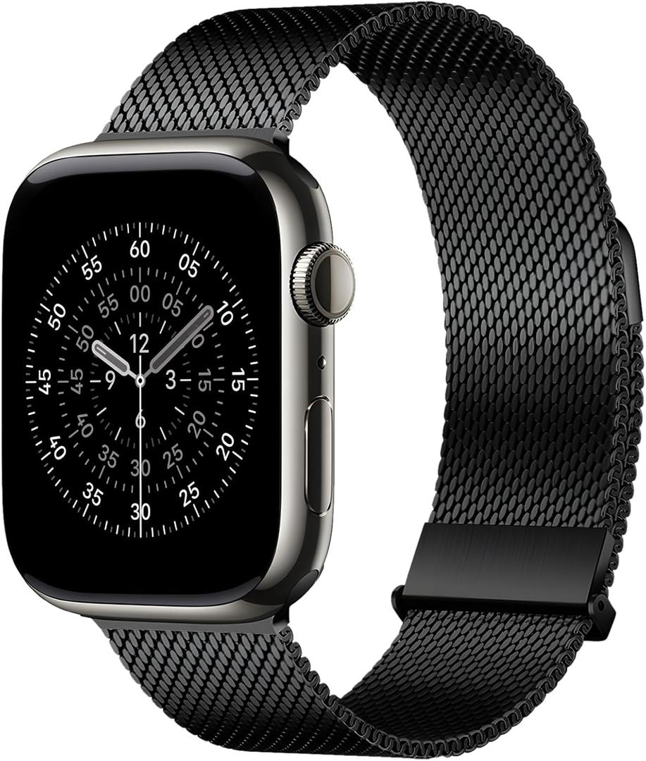 Bestsure Milanese Loop Watch Band Compatible with Apple Watch 42/44/45/46/49mm, Metal Stainless Steel Mesh, Dual Magnetic Clasp, for Series 9/8/7/6/5/4/SE/3/2/1, Ultra, Men & Women, Black