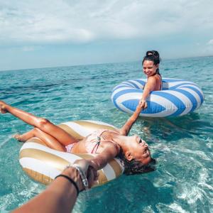 Soulchen 2 Pack 43 Inch Blue and Brown Striped Pool Tubes Large Pool Float Giant Retro Inflatable Swimming Rings for Adults Summer Beach Bachelorette Party