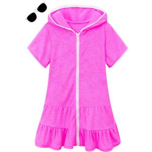 LUCKYGAL Girls Swim Cover Up Kids Swimsuit Coverup Terry Zip-Up Beach Bathing Suit Wraps with Sunglasses (4-5T, Rose Red)