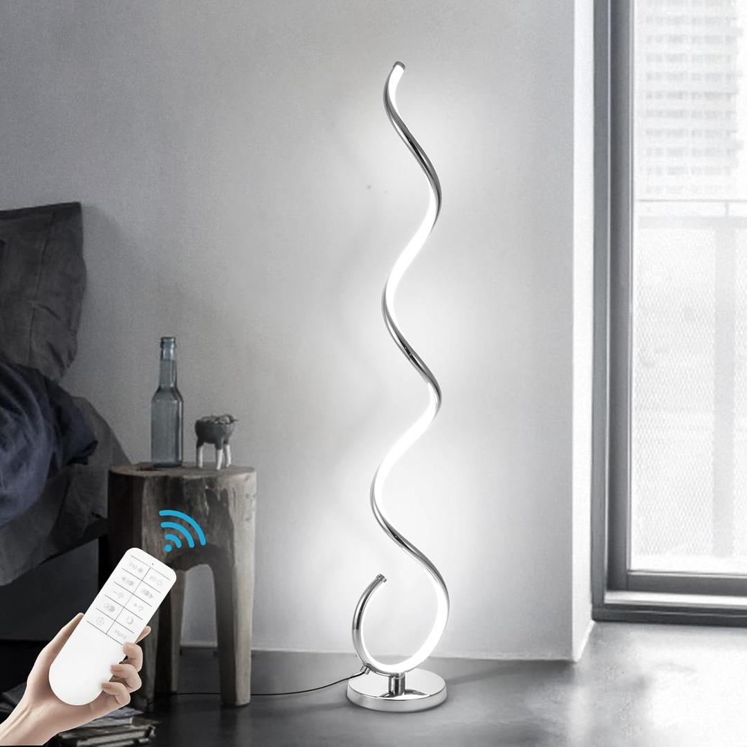 Spiral LED Floor Lamp for Living Room,40W Modern Floor Lamps with Remote Control, 3 Colors Stepless Dimmable Floor Standing Lamp Reading Corner Floor Tall Lamp for Bedroom Office - Chrome