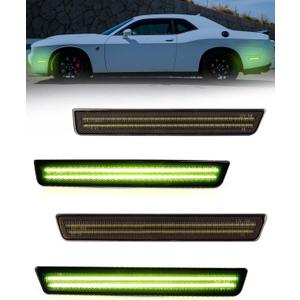 Full Green LED Side Marker Lights Compatible With Dodge Challenger 2015-2023, Front & Rear Bumper Marker Lamps, Smoked Lens Parking Signal Lamps Accessories, Pack of 4