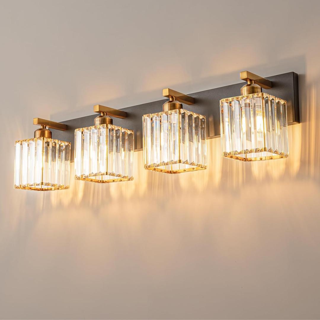 Modern Bathroom Vanity Light 4-Lights Black Gold Crystal Bathroom Wall Light Vanity Light Fixtures28.34-inch Modern Minimalist Design Black+Gold Straight
