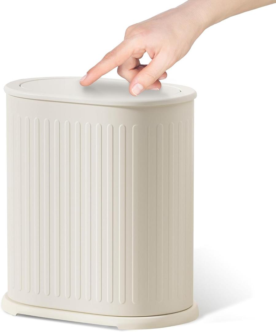 Steel Small Bathroom Trash Can with Lid Press Top 9L/2.4 Gallon Dog Proof Wastebasket with Removable Liner Bucket,Slim Bathroom Garbage Can Bin Under Desk/Sink Bedroom,Living Room,Office,Diaper
