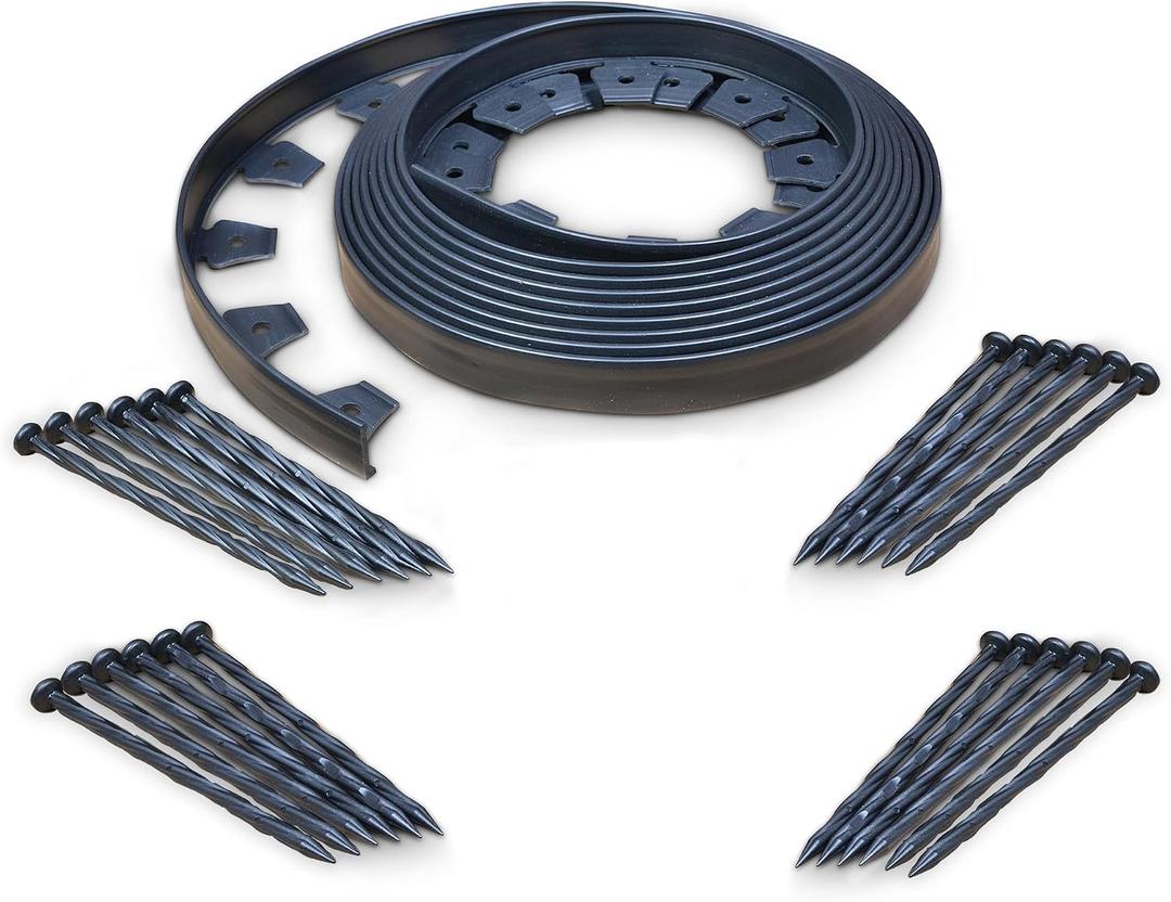 EasyFlex No-Dig Landscape Edging with BONUS Anchoring Spikes, 1.5 in. Tall Straight Top Plastic Garden Border, 40 Foot Kit, Black (3000-40CXX)