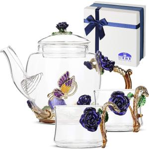 BTaT- Floral Glass Tea Set for Adults, Service for 2, Fancy Glass Pot(8 oz) & Cups(2 oz), Blue Butterfly & Flower Design with Gift Box, Tea Pot Sets for Women Gift, Chrisrmas Gifts