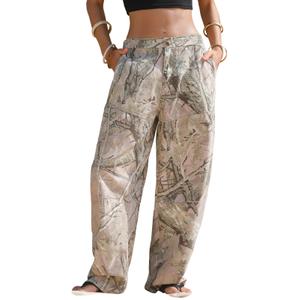 EXLURA Womens 100% Cotton Camo Pants High Waisted Straight Leg Baggy Denim Trousers Y2K Trendy Casual Forest Camo Cargo Jeans,XS
