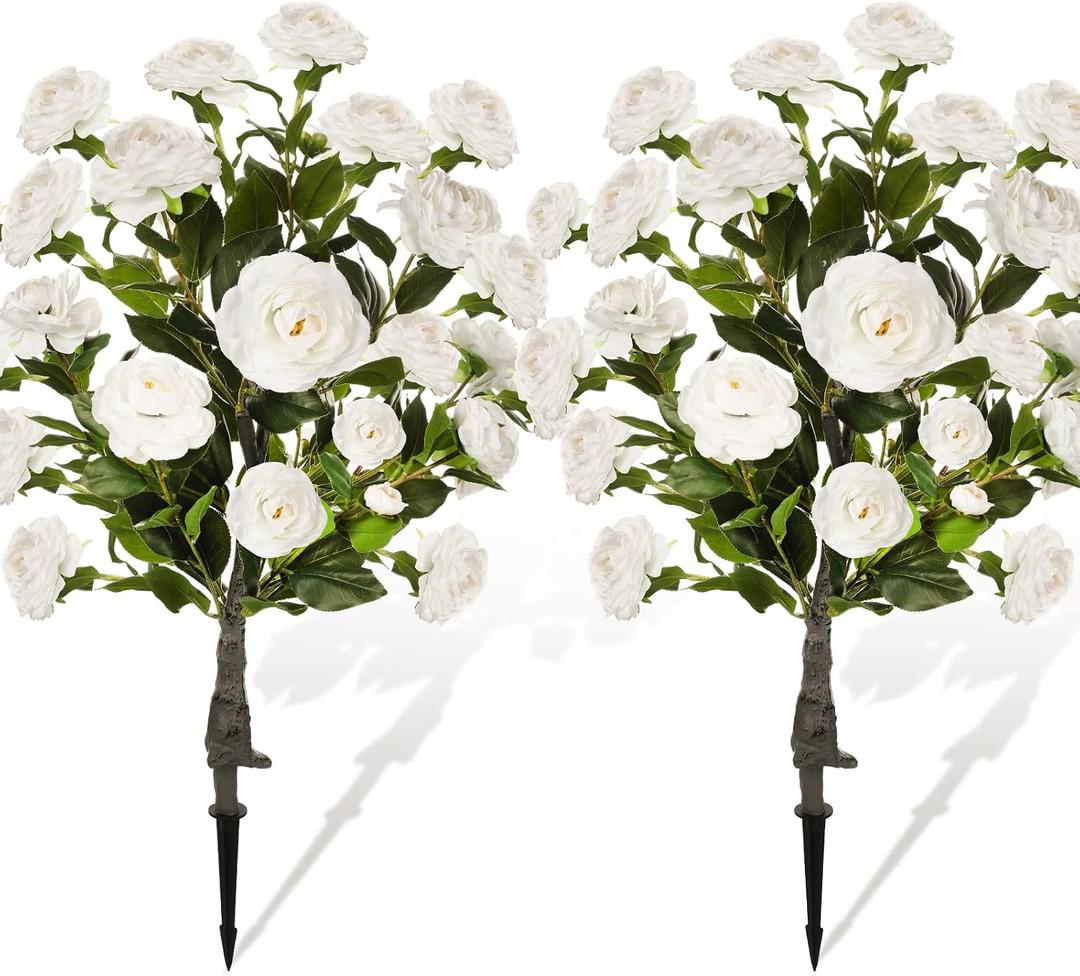 Lunmon 2 Pack 3ft Artificial Camellia Plants Tree 36" Faux Camellia Flower with Spike UV Resistant Realistic Fake Floral Blooming Bush for Indoor Outdoor Front Door Porch Backyard Garden, White