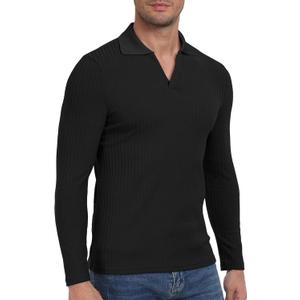 YTD Men's Muscle V Neck Polo Shirts Slim Fit Long Sleeve Golf T-Shirts Ribbed Knit Soft Casual Tees (Large, Black)