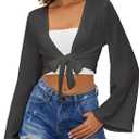 YYA Women's Lightweight Ribbed Cardigan Tie-Front Beach Cover Up with Long Sleeves for Summer Outfits S-XL (Black, L)