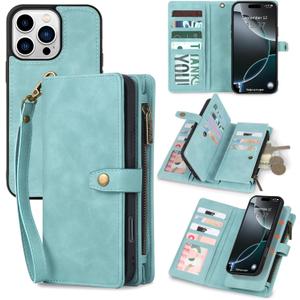 TwoHead Wallet Case Compatible with iPhone 16 Pro Max,Detachable Magnetic Phone Case,PU Leather All-Round Protective Case Wallet with Card Holder/Change Pocket,6.9 in,Blue