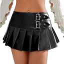 OYOANGLE Women's Pu Leather Buckled Mini Skirts Low Waist Pleated A Line Short Skirt (Medium)