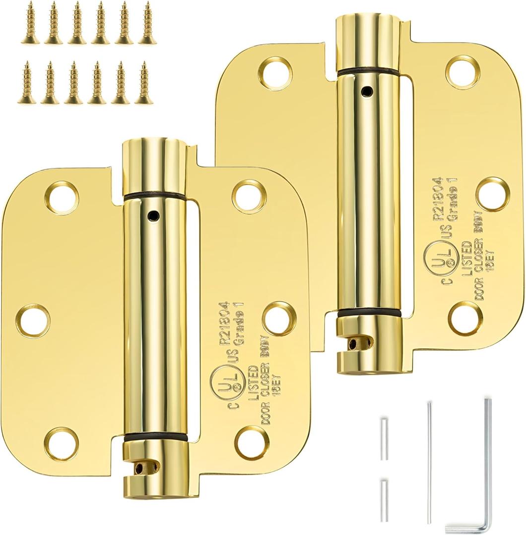 Sophia Self-Closing Door Hinge 3.5 Inch Rounded 5/8 Radius Interior, Spring Loaded Hinge Adjustable Tension for Garage Residential Standard Bedroom Indoor Doors, 2 Pack, Polished Brass