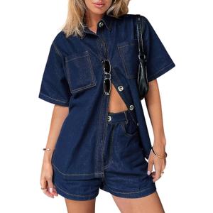 BISUAL Womens Denim Set Casual Short Sleeve Denim Top and jeans Shorts Lounge Sets Summer Two Piece Sets For Women Outfits (X-Large, Dark Blue)