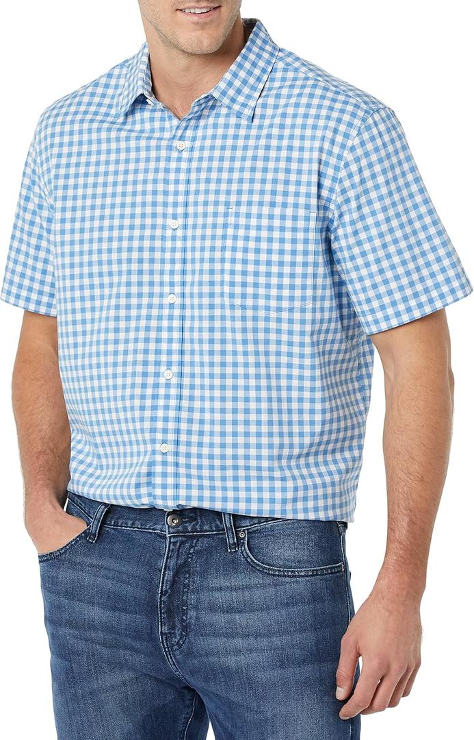 Amazon Essentials Mens Short-Sleeve Stretch Poplin Shirt (Big & Tall) (X-Large, Light Blue White Gingham)