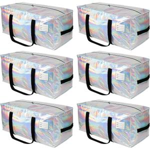 6 Pack Heavy Duty Moving Bags Extra Large Waterproof Foldable Clothing Storage Totes Bags with Zipper,Reinforced Handles,Packing Moving Boxes for Dorm & Seasonal Storage,Iridescent