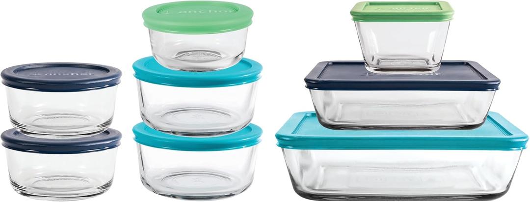 Anchor Hocking 16 Piece Glass Storage Containers with Lids (8 Glass Food Storage Containers & 8 Mixed Blue SnugFit Lids)