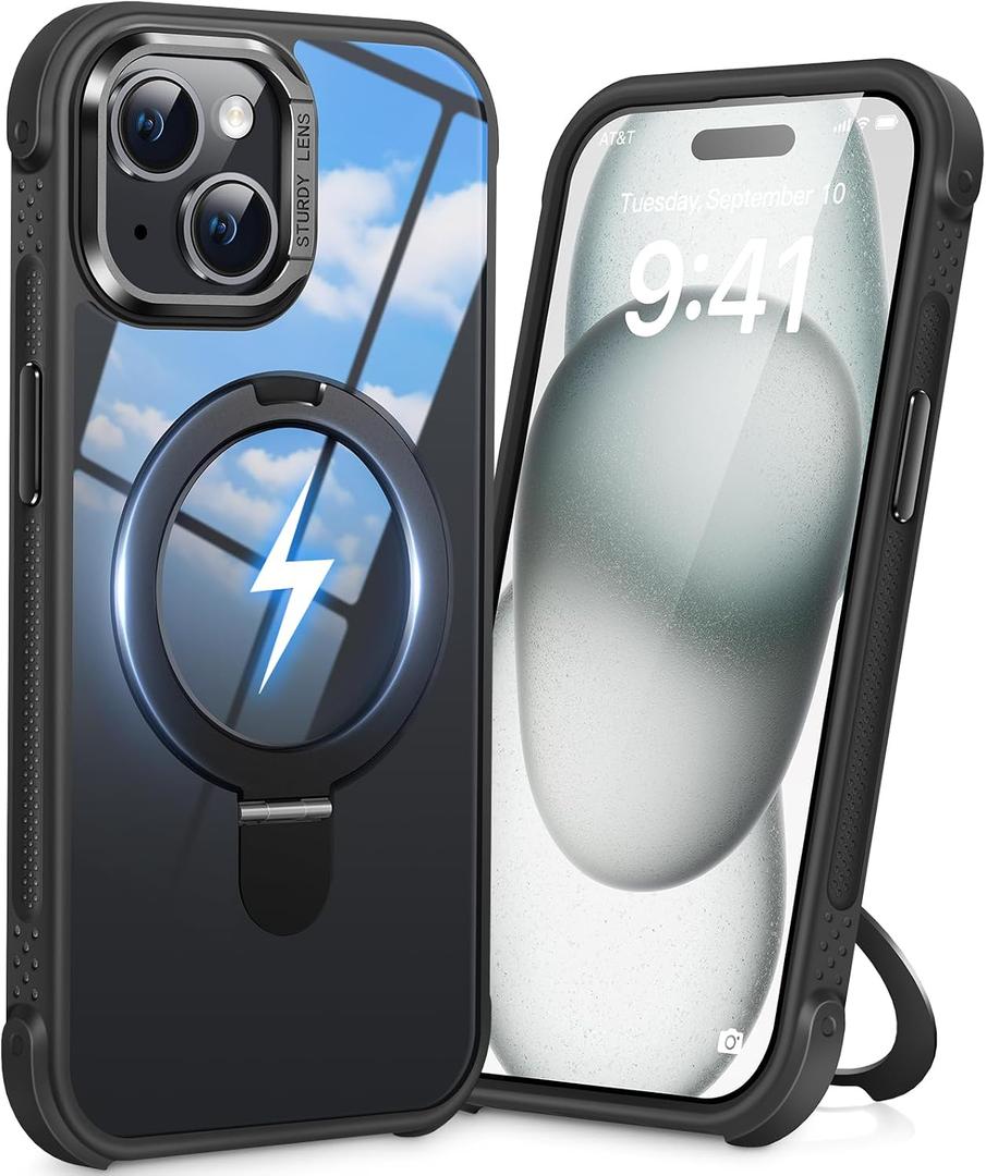 Magnetic Ring Stand Case for iPhone 15, 16FT Military-Grade Protection Shockproof, Non-Slip, Anti Scratch, Textured Grip & Clear Back for Hands-Free Video Calls (Clear Black)
