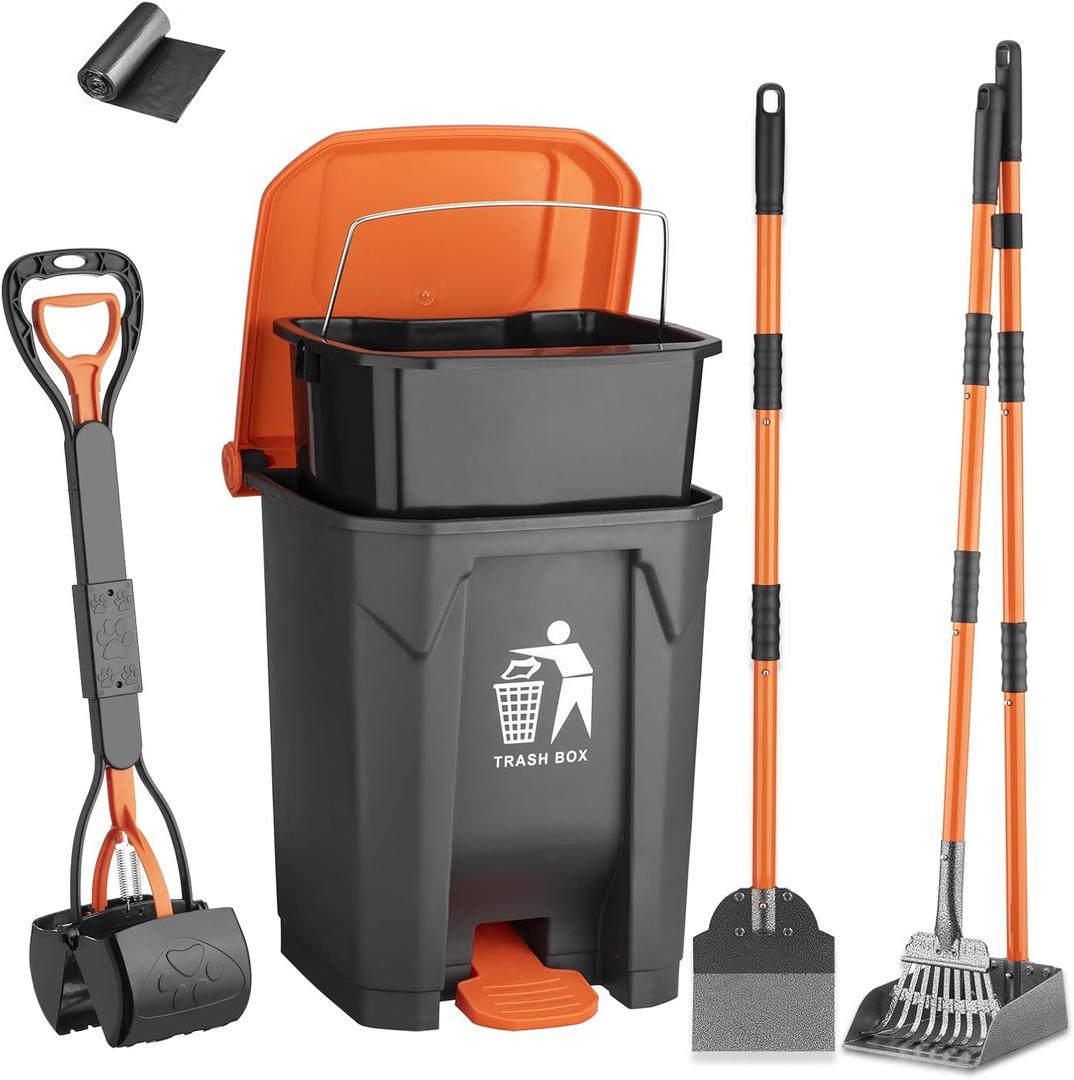 Pooper Scooper 6 Pack Set -28" Dog Pooper Scooper Rake Tray Spade Set for Large Small Dog,15L Trash Can Outside with 20 Waste Baqs, OdorLock Step Can for no Touch Dog Poop for Grass/Gravel