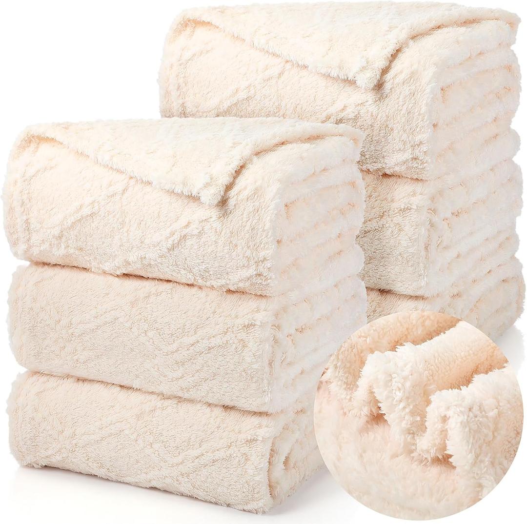 Buryeah 6 Pcs Sherpa Fleece Throw Blanket Bulk 50 x 60 Soft Cozy Jacquard Throw Blanket Warm Fleece Blanket Portable Lightweight Fuzzy Blanket for Wedding Sofa Bed Couch All Season (Lvory)
