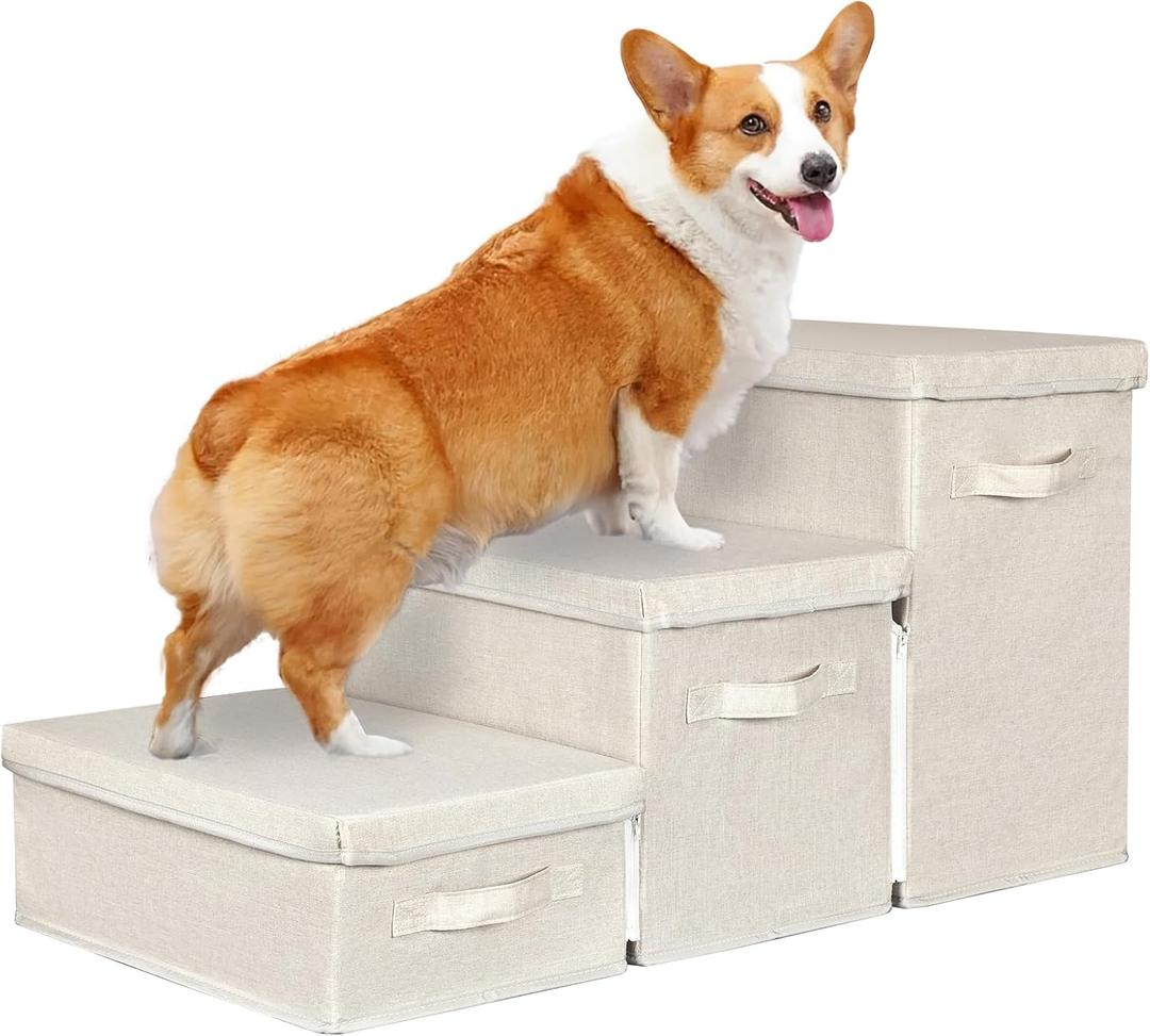 Pet Stairs with Storage, Pet Step for Small Dogs and Cats, 3-Step Folding Pet Steps with Zip, Cat Stairs Dog Steps for Bed, Couch and Car Ramp (Beige, 3 Steps)