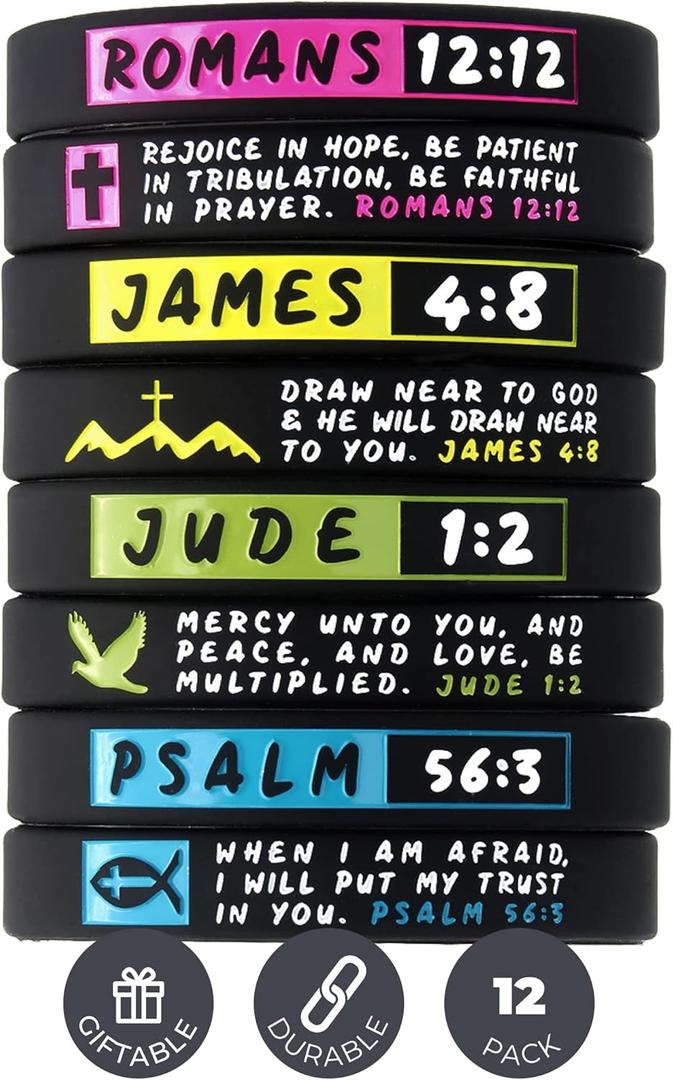 Inkstone (12-pack) Bible Bracelets, Bulk Pack - Bundle of 12 Religious Christian Wristbands for Church and Family - Unisex Silicone Rubber Scripture Bracelets for Christian Men Women Teens