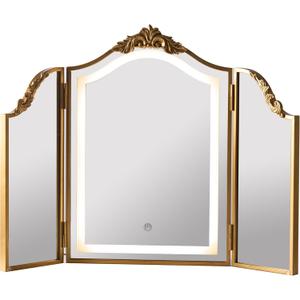 HSDDHOME Antique Gold Triple Fold Makeup Mirror with Tri-Color LED Lighting & Dimming, Baroque Carved Arch Vintage Vanity Mirror, Bohemian Decor for Bedroom/Dressing Room, 31x23 Inch