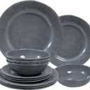 12 Pcs Vintage Melamine Dinnerware Sets, Durable Set Of 4 Plates and Bowls Set, Lightweight Dishes Dinnerware Sets for Indoor and Outdoor Use, BPA Free,Cool Gray