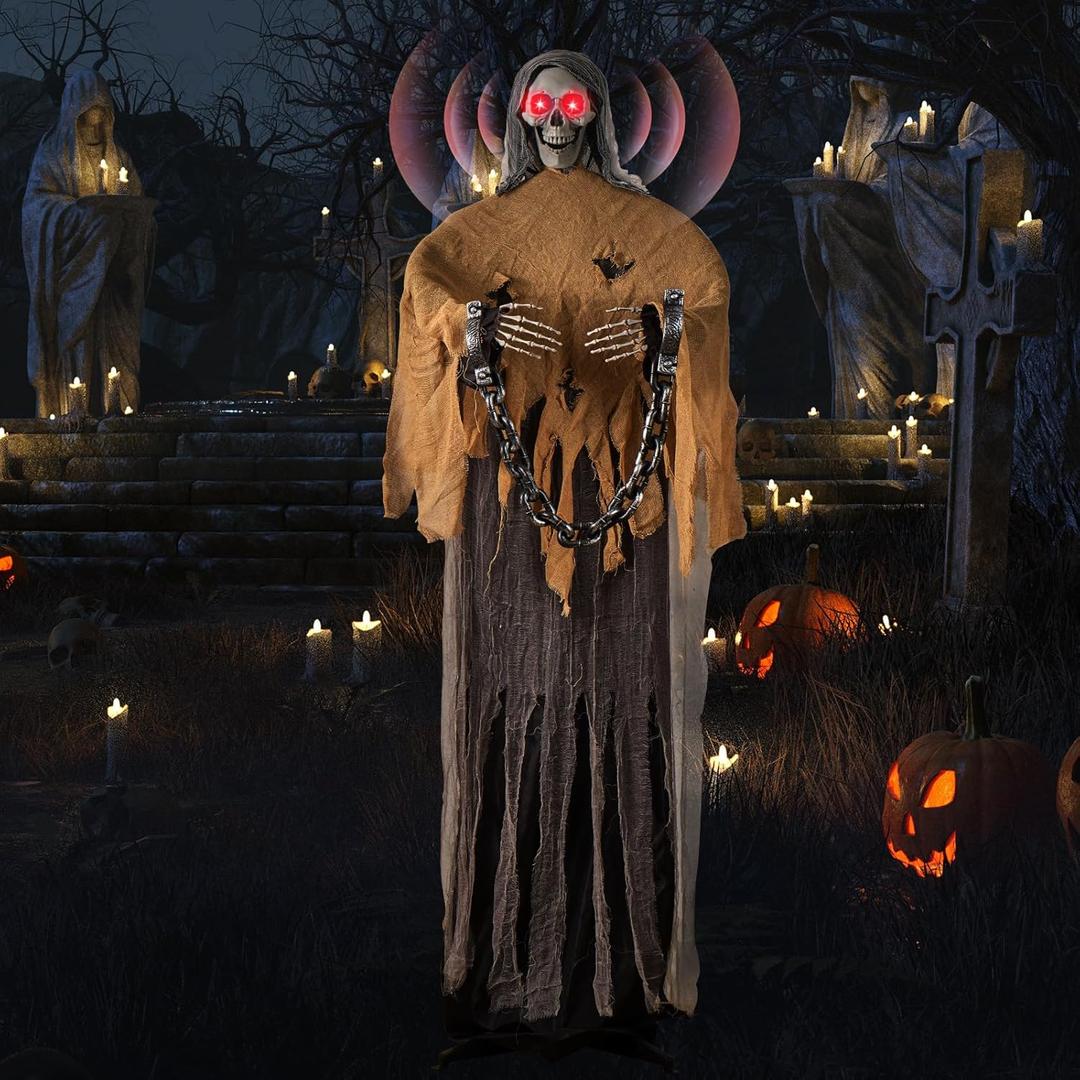 72.8'' Halloween Decorations Outdoor with Light-Up Eyes & Spooky Sound - Life Size Scary Animatronic Skeleton with Swaying Body, Sound & Button Activated Sensor for Home Party Indoor Yard Decoration