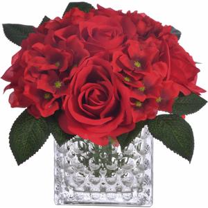 Fule Artificial Silk Rose Flower Centerpiece Arrangement in Glass Vase with LED Light for Home Wedding Decoration (Red)