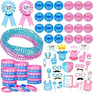 Winrayk Baby Gender Reveal Party Favors Supplies Ideas, Team Boy or Girl Pins Daddy and Mommy Badge Pin Silicone Bracelet Photo Prop Necklace, 104 Baby Shower Favors Pink Blue Gender Reveal Decor Game