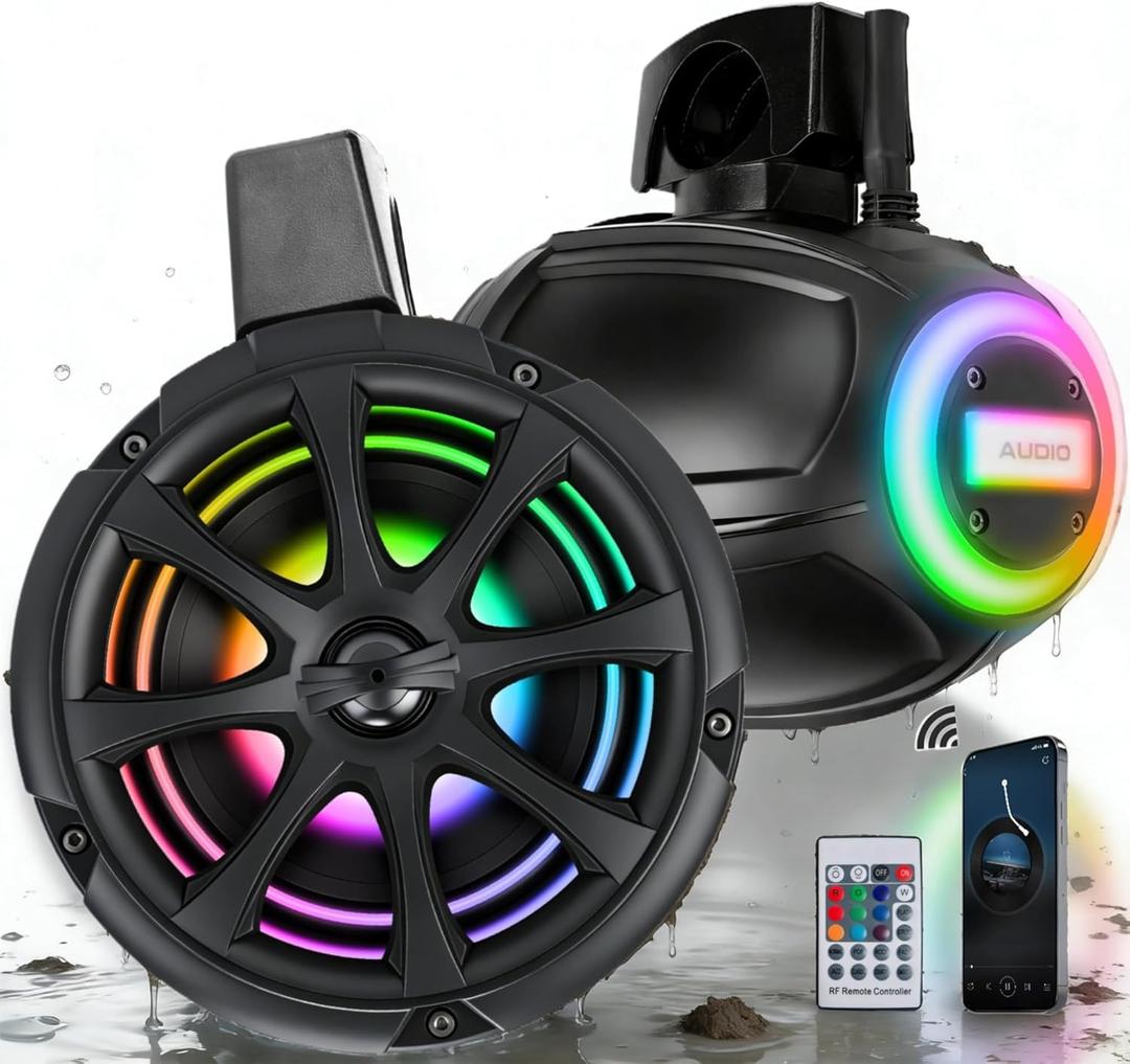 1200W 6.5 Inch Marine Speakers, Built-in Bluetooth & Amplifier, IPX6 Waterproof Powered Subwoofers, RGB Lights, 2-Way, Independent Remote Control, Boats Audio System for ATVs, UTVs, Jeeps, Golf Cart