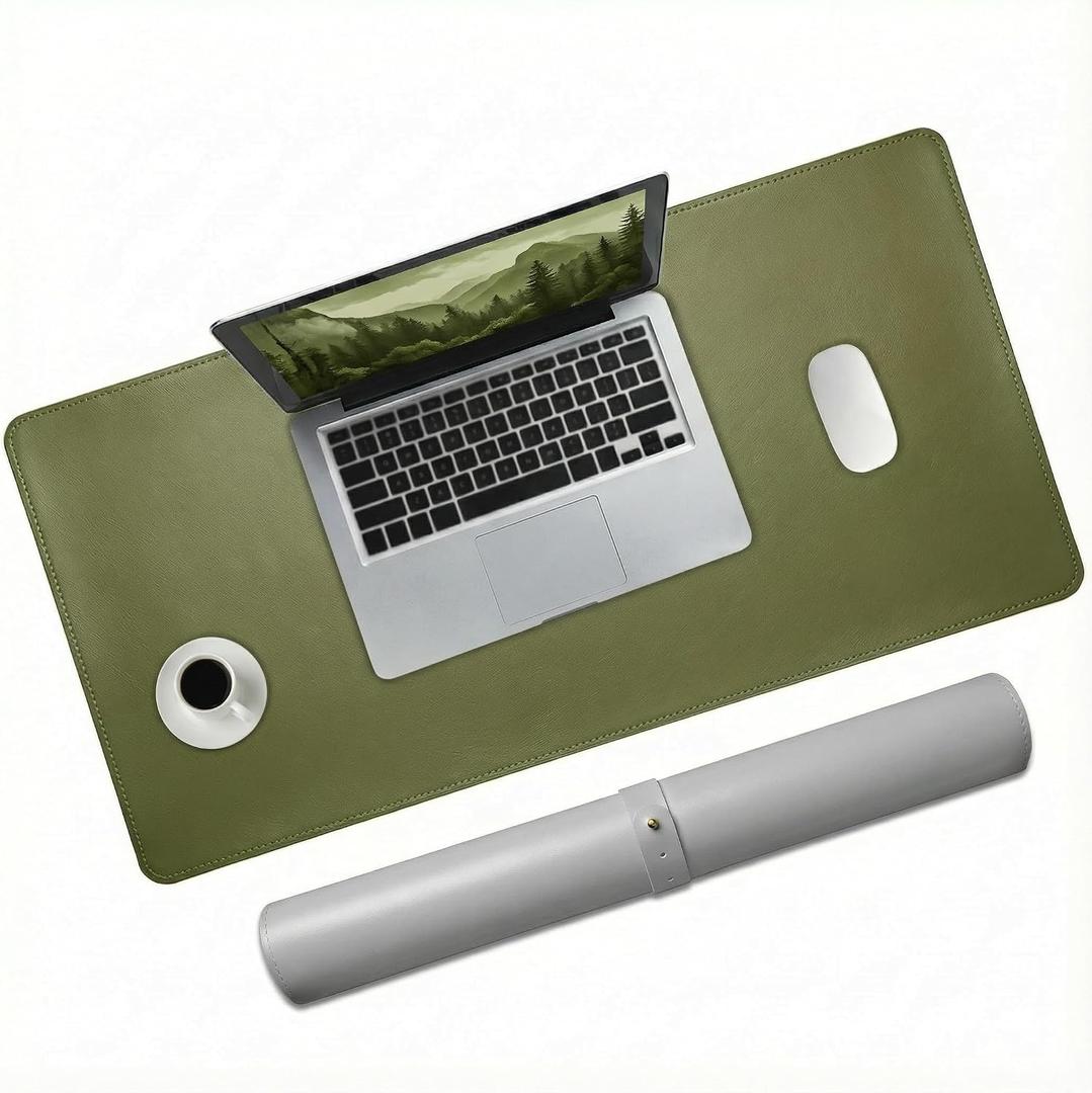 Double-Sided Leather PU Large Mouse pad, Computer Desk pad Non-Slip, Waterproof, Easy to Clean, Suitable for Office and Home Office Writing (Dark Green and Silver Gray, 31.515.7 Inches)
