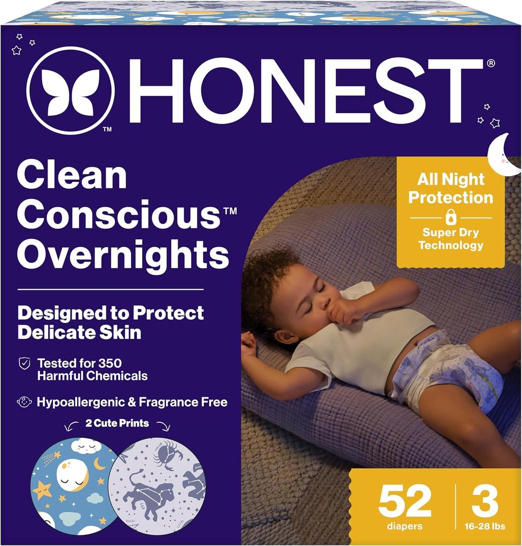 The Honest Company Comfort Dry Overnight Diapers, Up to 12 Hours Protection, Hypoallergenic, Cozy Cloud + Star Signs, Club Box Size 3 (1628 lbs), 52 Count