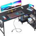 ODK 55 Inch Small L Shaped Computer Desk with Power Outlets, Corner Desk with PC Stand & Reversible Storage Shelves for Small Space Home Office Workstation, Modern Simple Writing Study Table, Black