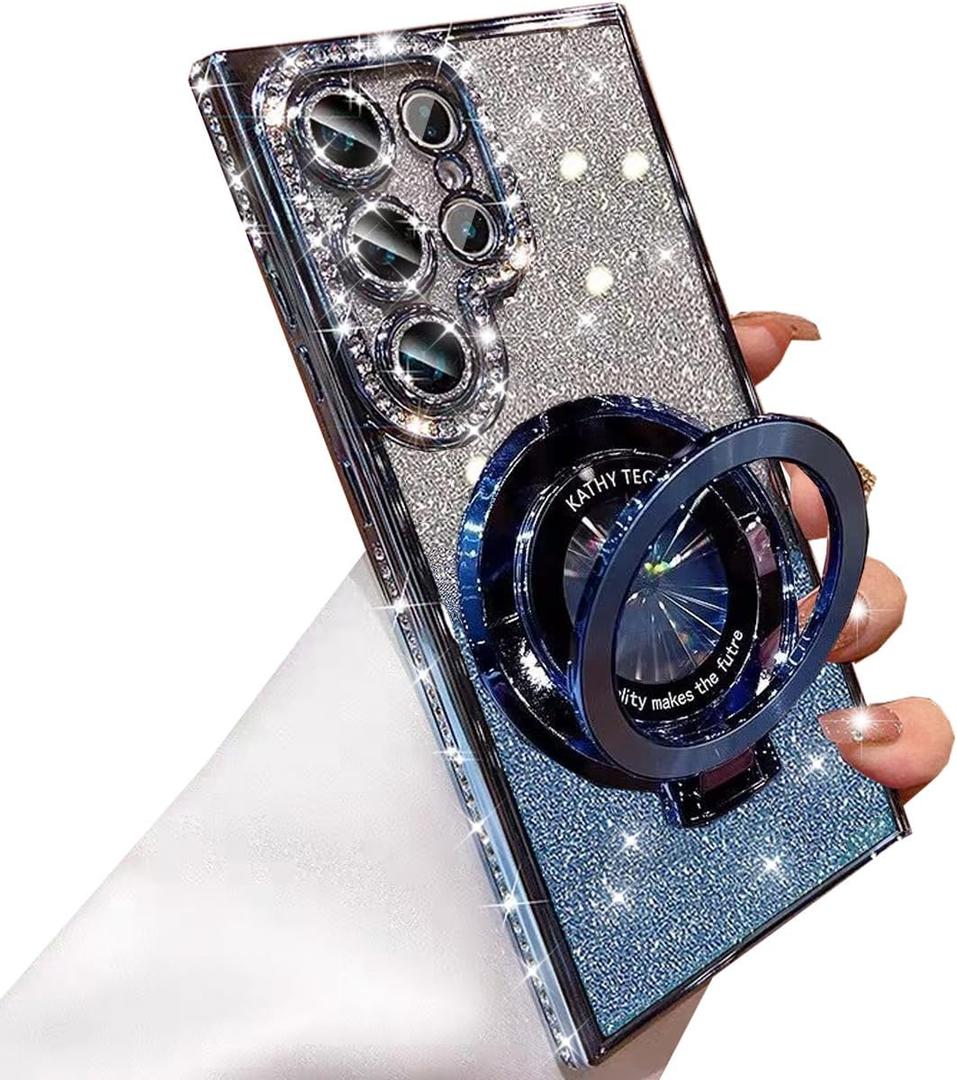 for Samsung Galaxy S25 Ultra Magnetic Kickstand Glitter Case, [Compatible with Magsafe] Cute Bling Sparkly Diamond Rhinestones with Camera Protector Women Girls Case for Galaxy S25 Ultra,Blue