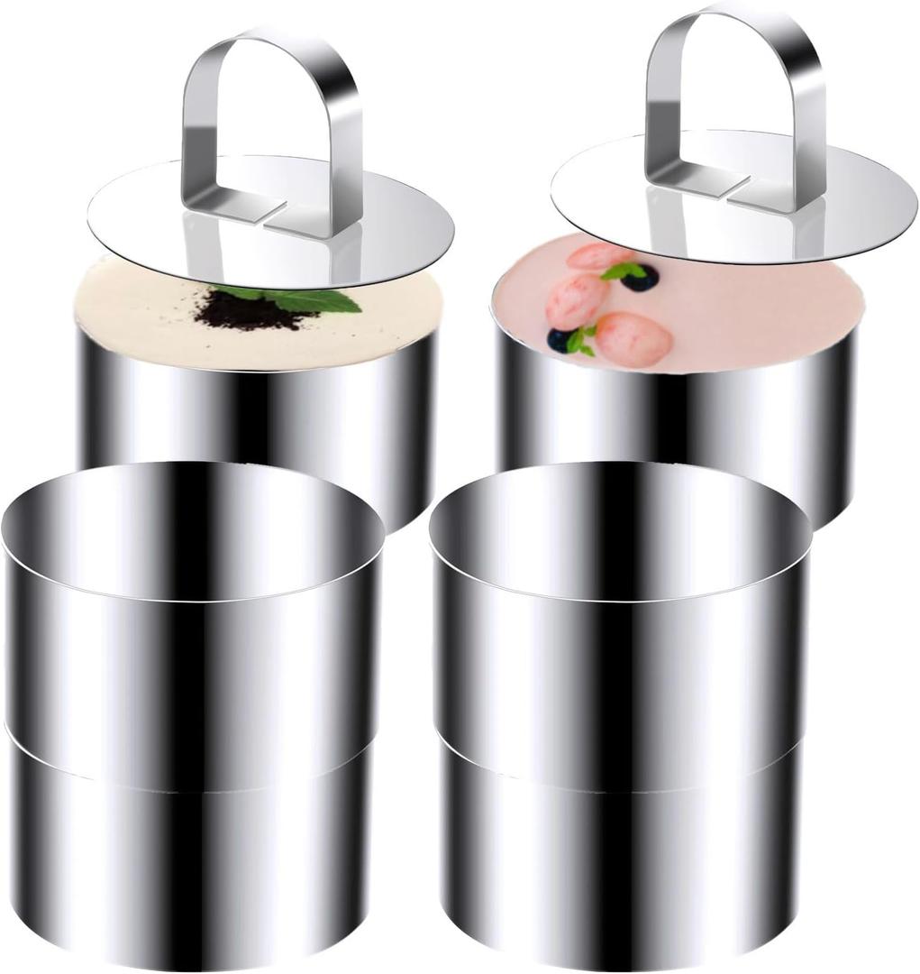 Round Cake Ring Molds, Stainless Steel Cake Rings 3 Inch Cooking Pastry Ring Molds with Pushers for Pancakes Mousse Dessert Baking (Include 6 Rings & 2 Pushers)