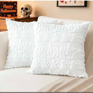 Pack Of 3 Artscope Halloween Pillow Covers 18 x 18 Set of 2 Decorative Ghost Holiday Pumpkin Throw Pillow Cases Soft Plush Faux Fur Couch Cushion Case for Farmhouse Halloween Sofa Bed Room Home Decor-White