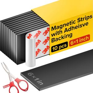 Magnetic Strips with Adhesive Backing - Magnetic Tape for Crafts - Tool and Knife Magnet Strips for Kitchen, Garage and Garden - Adhesive Magnetic Tool Holder Strip for Wall (10 Pieces, 6" x 1")