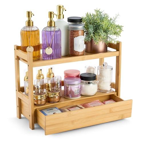 Sorbus Bamboo Bathroom Counter Organizer – 2-Tier Shelf with Hidden Drawer for Vanity, Matcha Station, Bathroom Sink Organizer Countertop, Kitchen & Office Storage (17″ L x 6.5″ W x 12.6″ H)