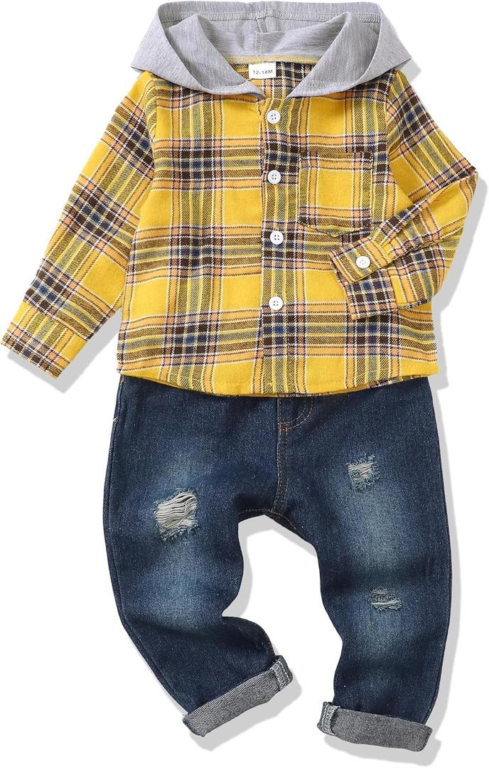 XUANHAO Toddler Boy Clothes Infant Baby Boy Outfits 12 18 24 Months 2T 3T 4T 5T Hoodie Jeans Pants Set Fall Winter Clothing (Yellow Plaid)