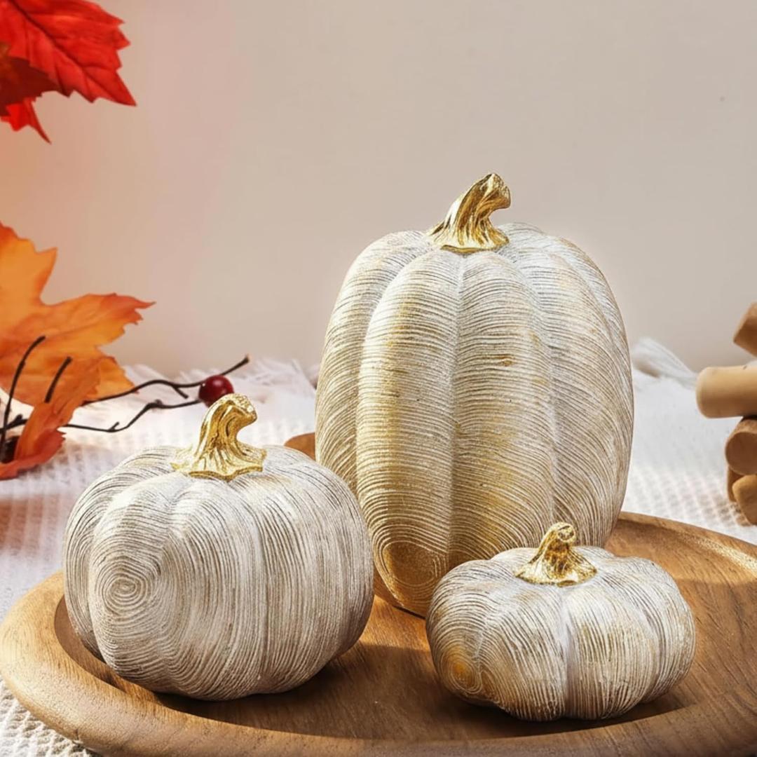 Wesiti 3 Pcs Fall Artificial Pumpkins Decor Thanksgiving White and Gold Resin Pumpkins for Decorating for Thanksgiving Table Centerpieces Farmhouse Tabletop Home Mantel Decor