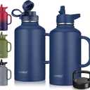 CIVAGO 64 oz Insulated Water Bottle Jug with Straw and Handle, Half Gallon Stainless Steel Water Flask, Large Sports Metal Water Bottle with Straw Lid (3 Lids), Big Thermal Mug Cup, Navy Blue