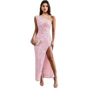 Womens Sequin One Shoulder Sleeveless Wedding Guest Dresses High Split Sparkly Glitter Gowns Bodycon Maxi Dresses (Pink, XL)