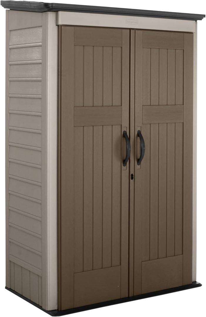 Rubbermaid Vertical Resin Outdoor Storage Shed With Floor (4 x 2.5 Ft) Weather Resistant Brown Organization for Home/Backyard/Garden Tools/Porch/Patio Cushions/Pool Chemicals/Toys