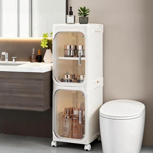 Lifelongpal 2-Tier Narrow Bathroom Storage Cabinet with Wheels, Plastic Slim Organizer with Adjustable Shelves for Small Spaces,Bathroom, Kitchen, Laundry,Milky White