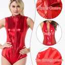 Leather Bodysuit Sexy One Piece Swimsuits Shiny PVC Jumpsuits Zip Up Leotard Sheer Teddy Outfit Lingerie Clubwear (Red, M)