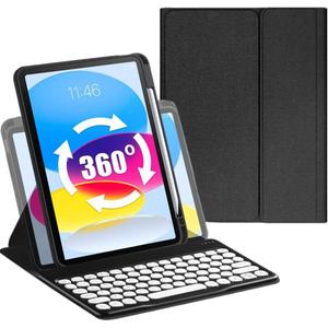 Keyboard Case for iPad 9th/8th /7th Gen Case with Keyboard 10.2inch, Rotating Magnetic Detachable Wireless Keyboard with Round Keycaps and Pencil Holder (B Style-Black)