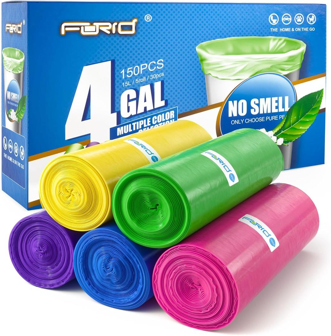 FORID Small Trash Bags 4 Gallon for Bathroom - Extra Thick Colored Garbage Bags Unscented, Strong Plastic Wastebasket Can Liners for Home Bedroom Office and Car, 150 Bags Multi Colored
