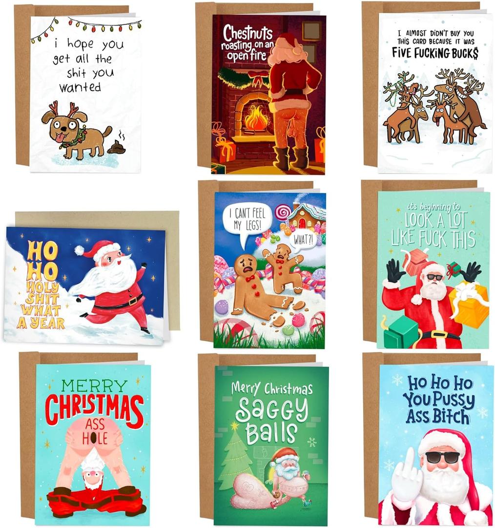 Sleazy Greetings Worst Christmas Cards Ever - 9 Funny Christmas Card Assorted Bulk Box Set with Envelopes - Hilarious Xmas Cards for Adults - Humor Holiday Merry Variety Pack